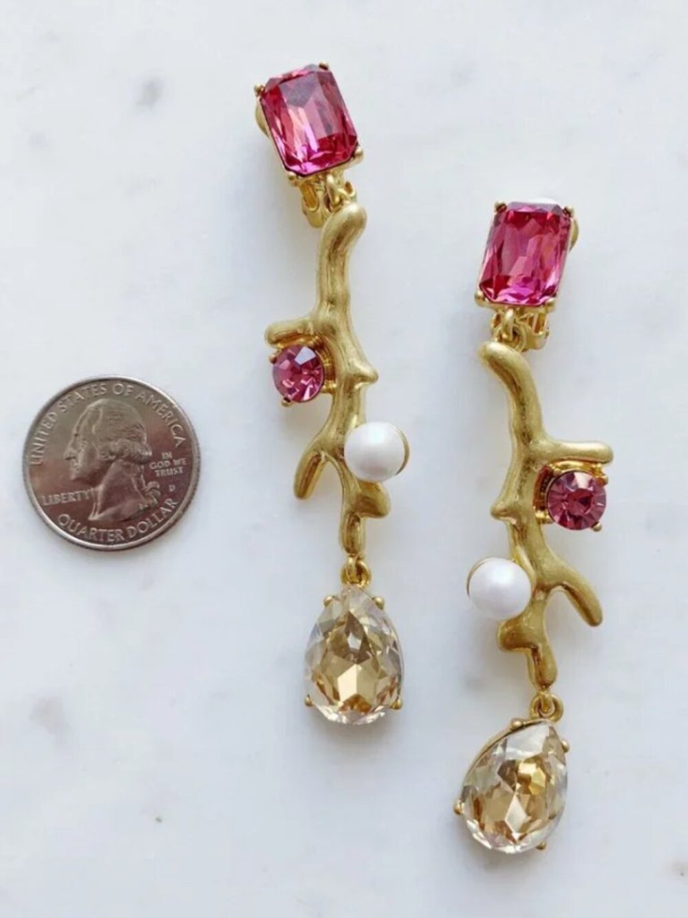 Oscar de la Renta Coral Branch Crystal Drop Earrings Pink Champagne Pearl - Picture 3 of 5